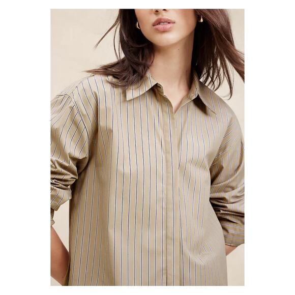 Banana Republic Neutral Stripe Long Sleeve Oversized Button Up Blouse Sz.M NWT - Picture 1 of 16